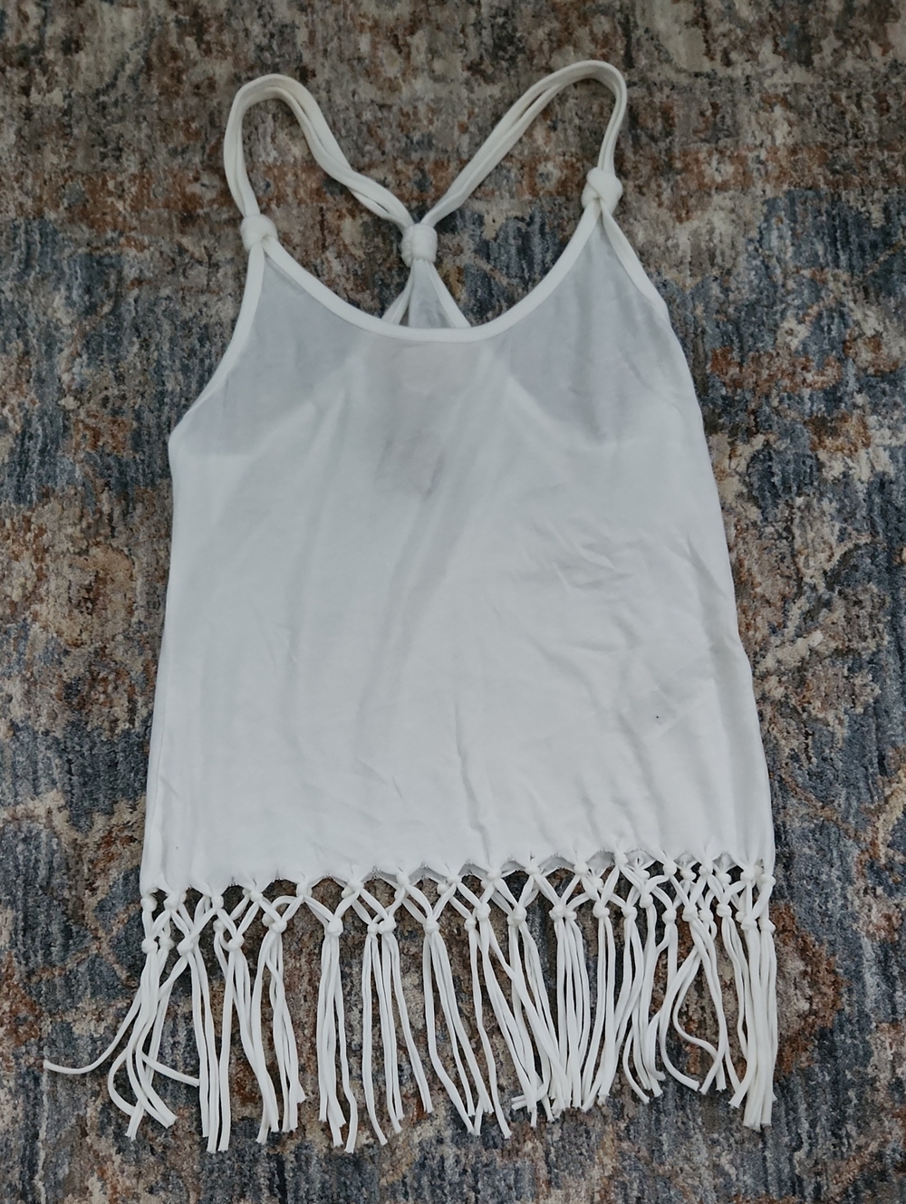 Hollister White Knotted Racerback Camisole with Fringe Hem